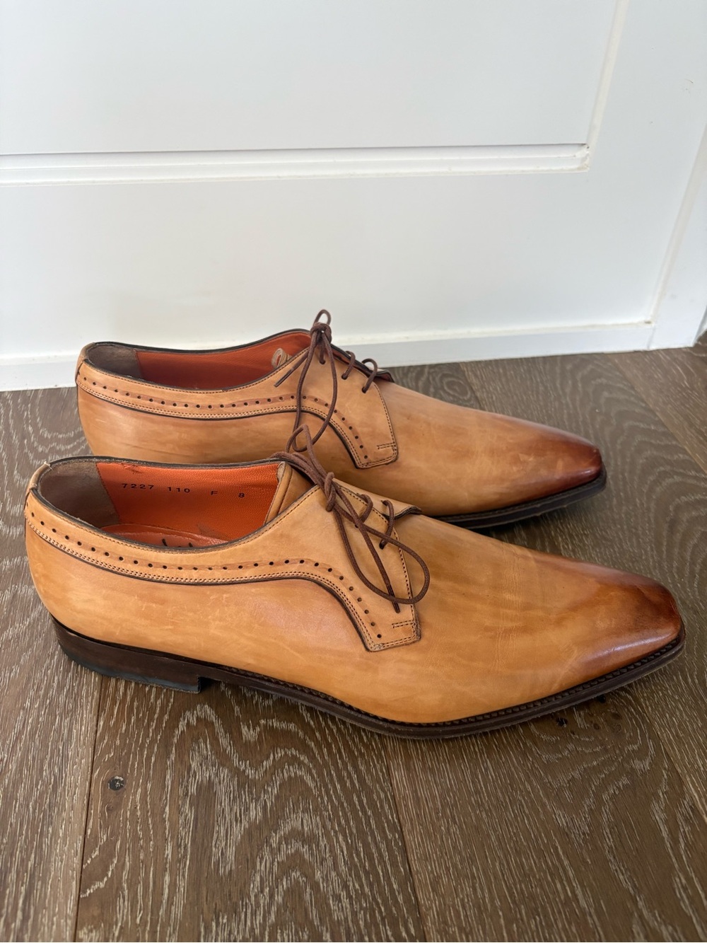 Santoni Men's Tan Burnished Leather Oxford Shoes - Picture 2 of 9